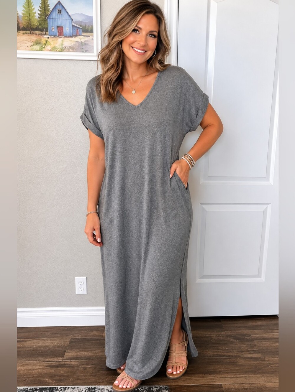 V-Neck Gray Maxi Tee Dress with Side Slit